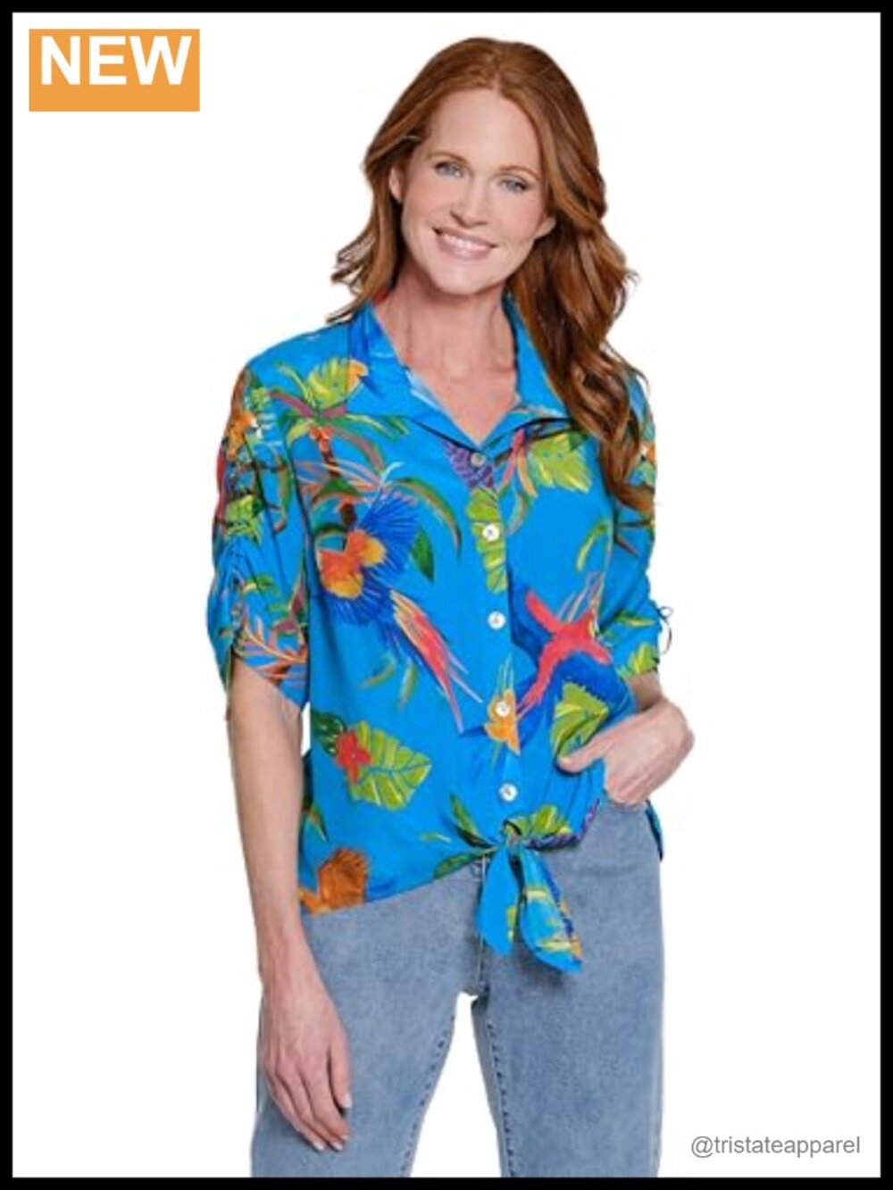 Women's Tropical Print Button Down Tie Front Blouse, Short Cinch Tie Sleeves,